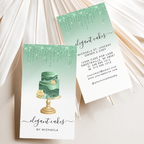 Wedding Cake Glitter Drip Mint Green Bakery Business Card