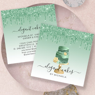 Wedding Cake Glitter Drip Mint Green Bakery Square Business Card