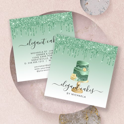 Wedding Cake Glitter Drip Mint Green Bakery Square Business Card