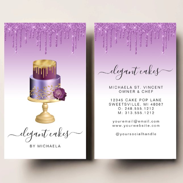 Wedding Cake Glitter Drip Purple Bakery Business Card (Creator Uploaded)