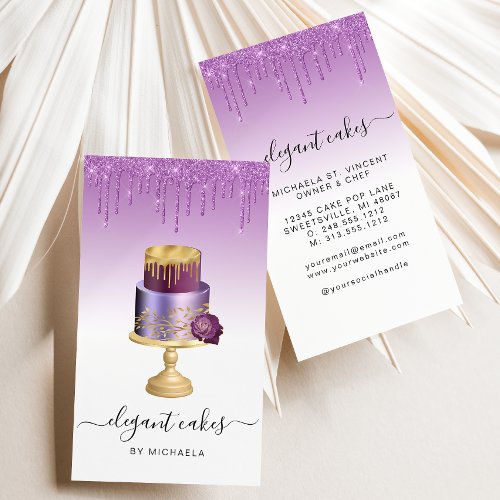 Wedding Cake Glitter Drip Purple Bakery Business Card