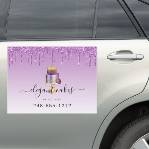 Wedding Cake Glitter Drip Purple Bakery Car Magnet