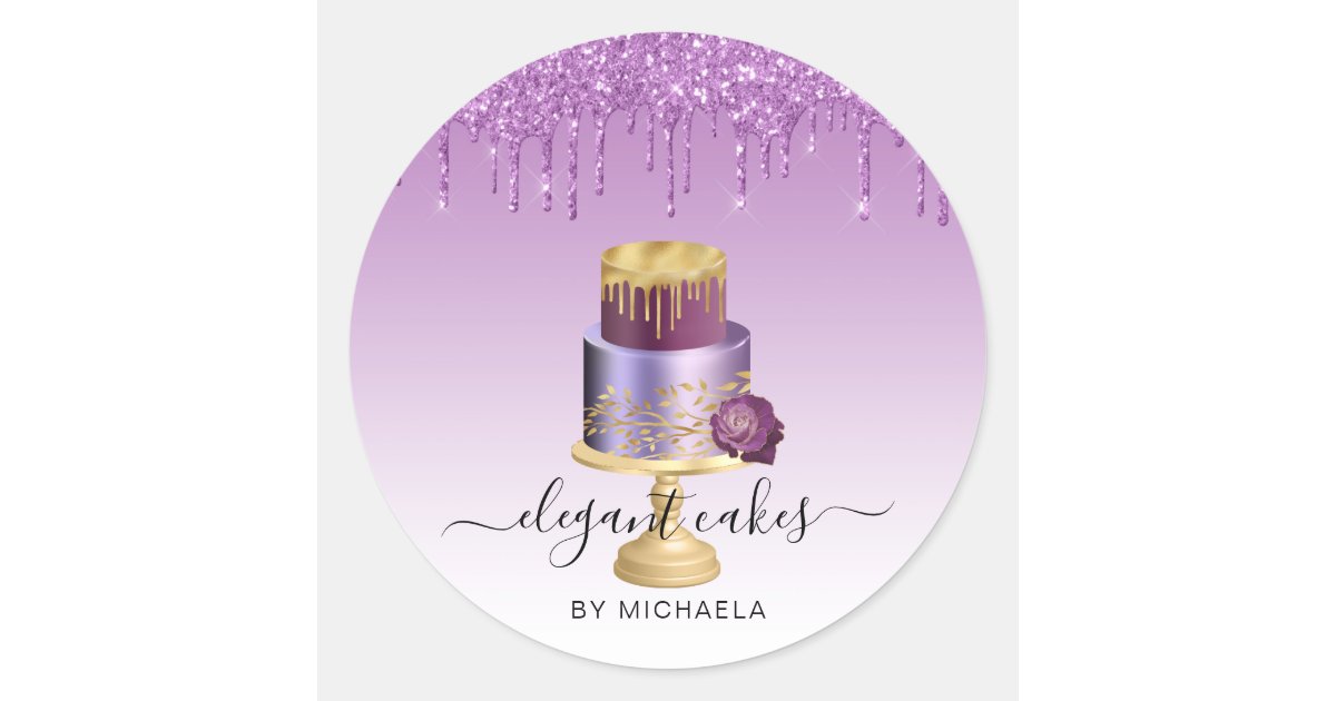 Wedding Cake Glitter Drip Purple Bakery Classic Round Sticker