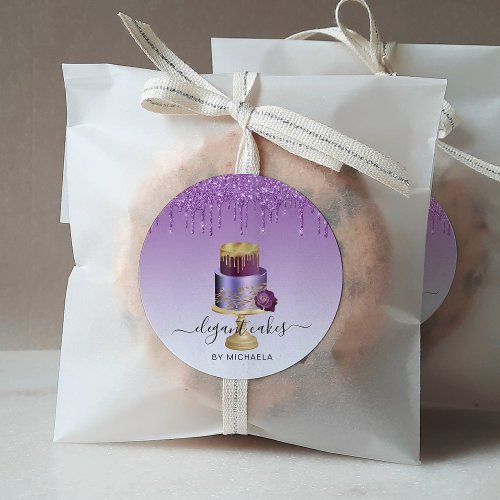 Wedding Cake Glitter Drip Purple Bakery Classic Round Sticker