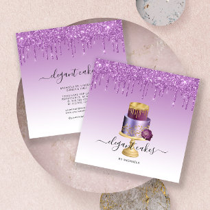 Wedding Cake Glitter Drip Purple Bakery Square Business Card