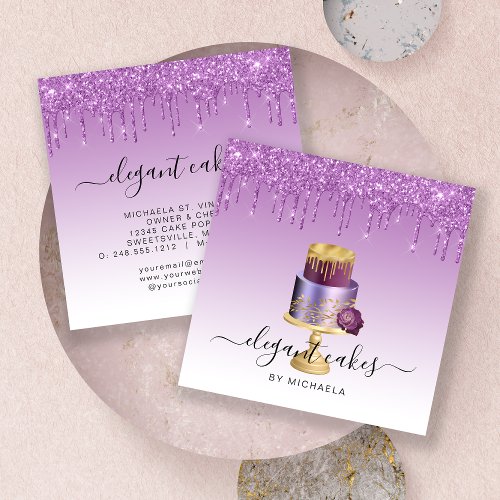 Wedding Cake Glitter Drip Purple Bakery Square Business Card