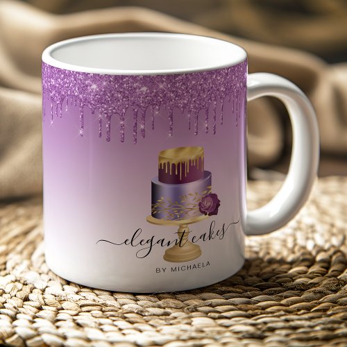 Wedding Cake Glitter Drip Purple Gold Bakery Coffee Mug