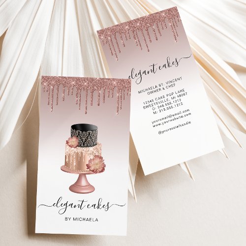 Wedding Cake Glitter Drip Rose Gold Bakery Business Card