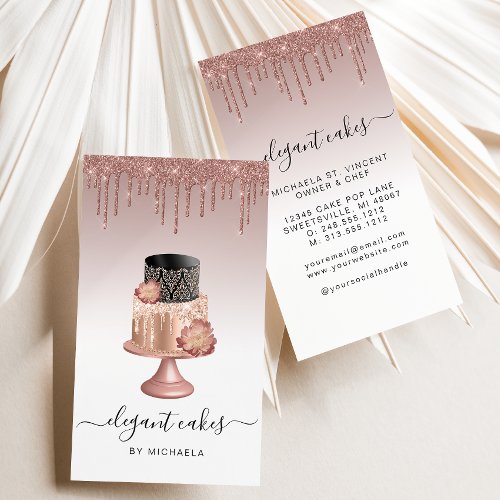 Wedding Cake Glitter Drip Rose Gold Bakery Business Card