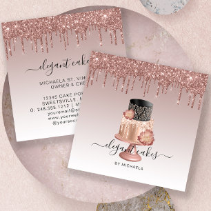 Wedding Cake Glitter Drip Rose Gold Bakery Square Business Card