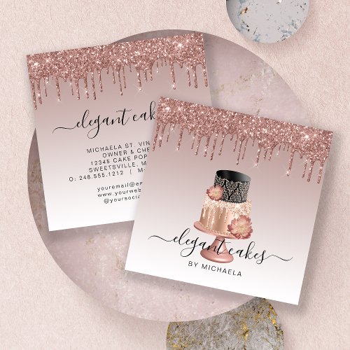 Wedding Cake Glitter Drip Rose Gold Bakery Square Business Card