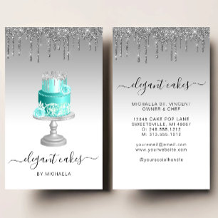 Wedding Cake Glitter Drip Silver Turquoise Bakery Business Card