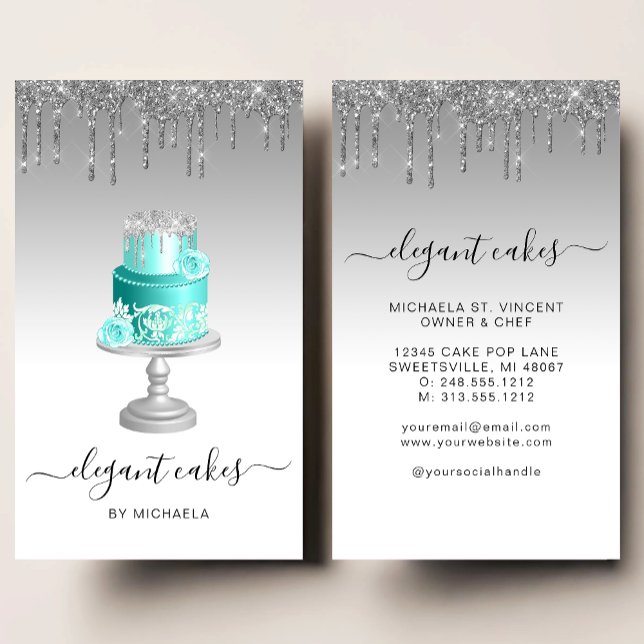 Wedding Cake Glitter Drip Silver Turquoise Bakery Business Card (Creator Uploaded)