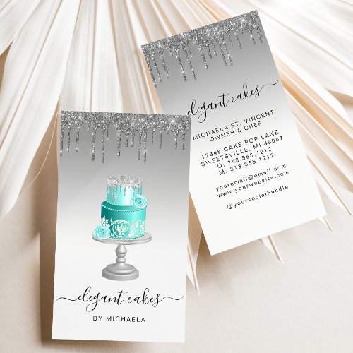 Wedding Cake Glitter Drip Silver Turquoise Bakery Business Card