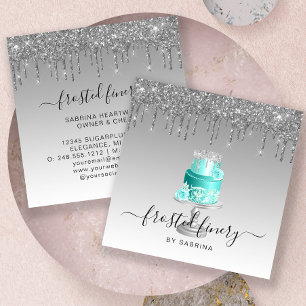 Wedding Cake Glitter Drip Silver Turquoise Bakery Square Business Card