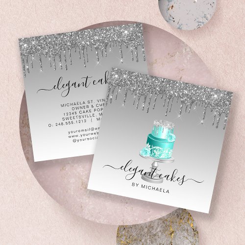 Wedding Cake Glitter Drip Silver Turquoise Bakery Square Business Card