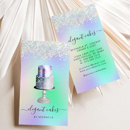 Wedding Cake Holographic Glitter Bakery Business Card