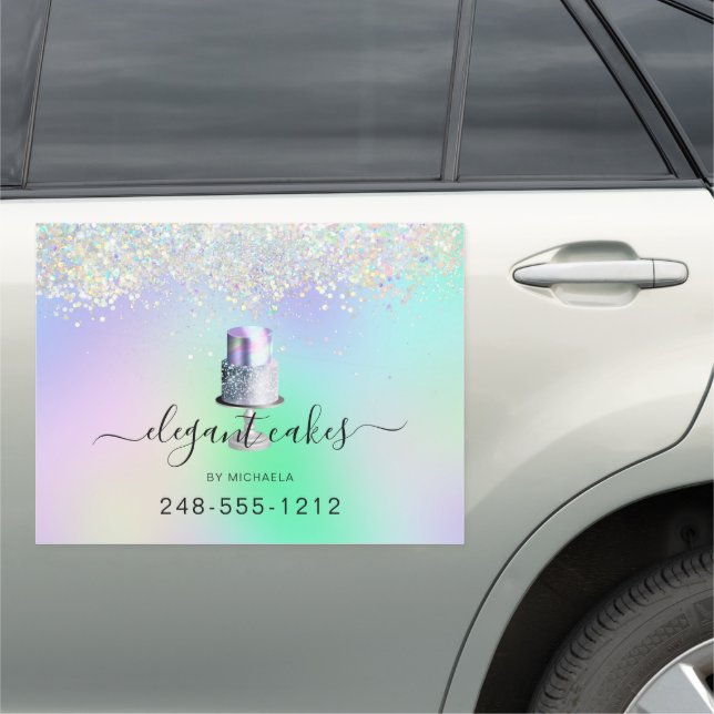 Wedding Cake Holographic Glitter Bakery Car Magnet (In Situ)