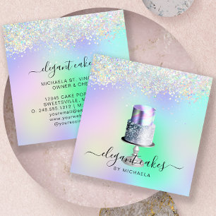 Wedding Cake Holographic Glitter Bakery Square Business Card