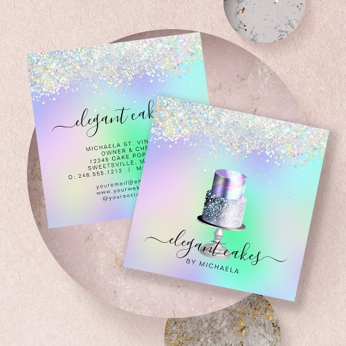 Wedding Cake Holographic Glitter Bakery Square Business Card