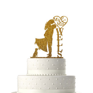 Wedding Cake Topper - Couple & Dog Mr & Mrs