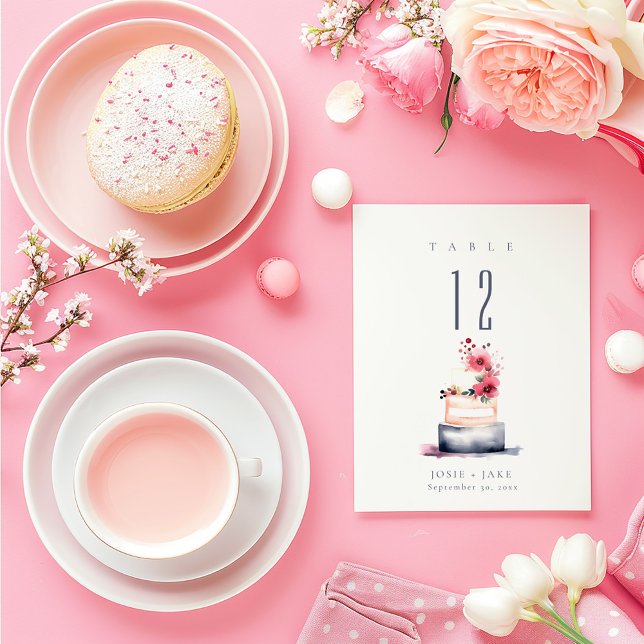 Wedding cake watercolor Table Number Seating Chart (Watercolor Wedding Cake Table Number card.)