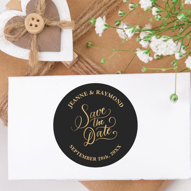 Wedding Calligraphy Black Gold Foil Save the Date Classic Round Sticker (Creator Uploaded)