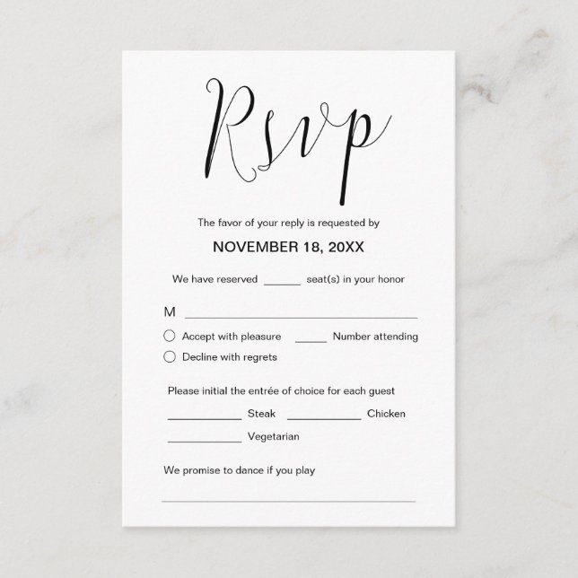 Wedding Calligraphy, Black script, Dinner RSVP Enclosure Card (Front)