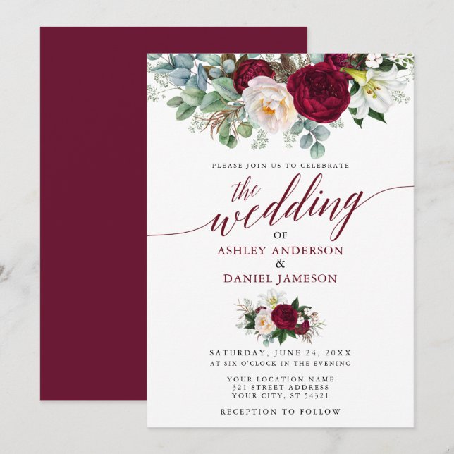 Wedding Calligraphy Burgundy Floral Greenery B Invitation (Front/Back)