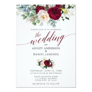 Wedding Calligraphy Burgundy Floral Greenery Invitation