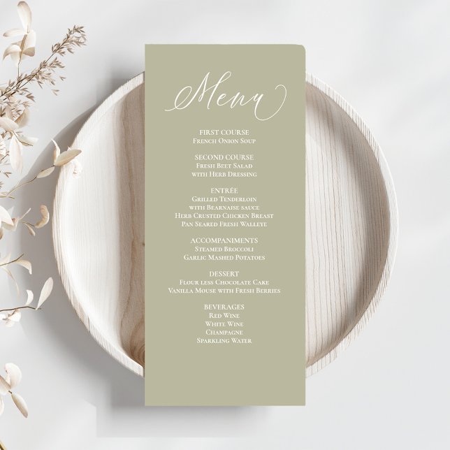 Wedding Calligraphy Dinner Menu Sage Green (Wedding menu card with a sage green calligraphy script.)