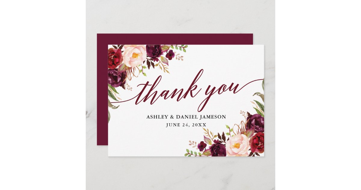 Wedding Calligraphy Floral Burgundy Thank You Card | Zazzle