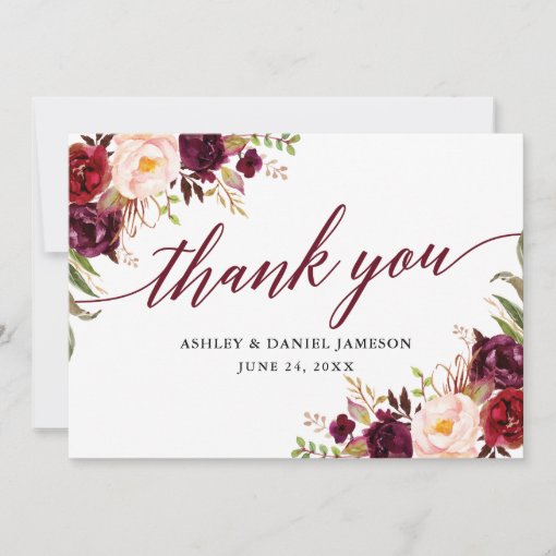 Wedding Calligraphy Floral Burgundy Thank You Card | Zazzle
