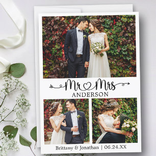 Wedding Calligraphy Heart 3 Photo Mr. and Mrs. Thank You Card