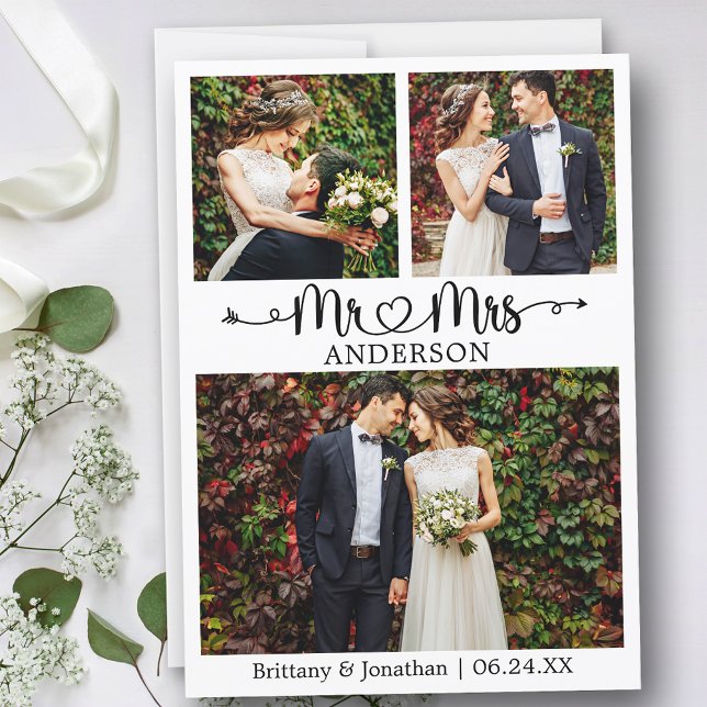 Wedding Calligraphy Heart Mr. and Mrs. 3 Photo Thank You Card (Customize to change your personalized text size or text style.)