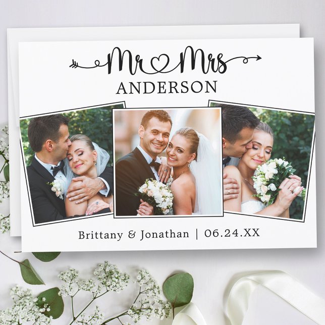 Wedding Calligraphy Heart Mr. and Mrs. 3 Photos  Thank You Card (Customize to change your personalized text size or text style.)