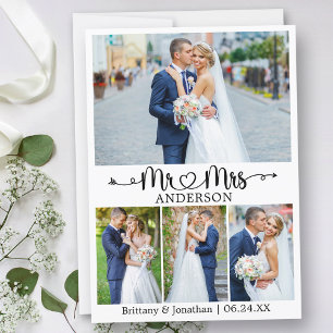 Wedding Calligraphy Heart Mr. and Mrs. 4 Photo Thank You Card