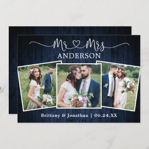 Wedding Calligraphy Heart Mr. Mrs. 3 Photo Wood Thank You Card