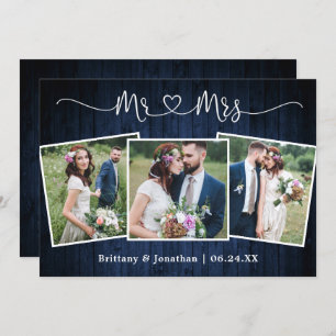 Wedding Calligraphy Heart Mr. Mrs. Wood 3 Photo Thank You Card