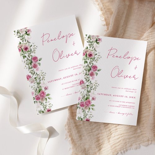 Wedding Calligraphy Hot Pink Script Floral Invitation