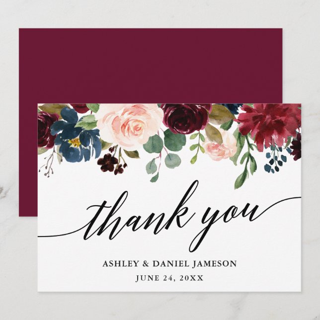 Wedding Calligraphy l Burgundy Blue Floral Thank You Card (Front/Back)