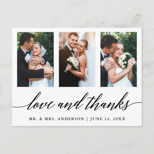 Wedding Calligraphy Love and Thanks 3 Photo Postcard (Front)