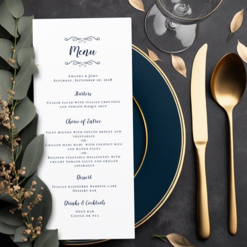Wedding Calligraphy Modern Navy Blue Dinner Party Menu