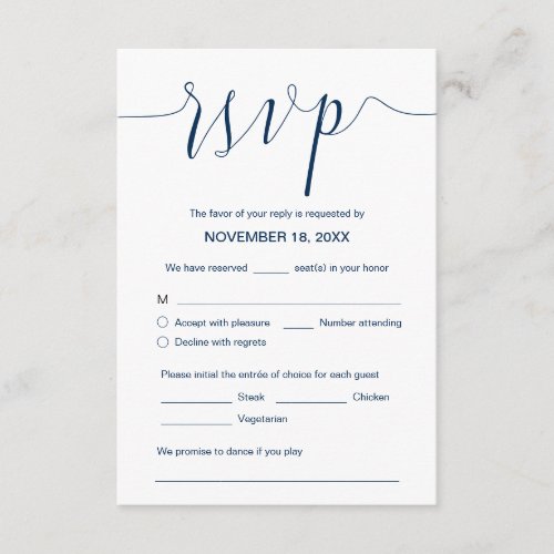 Wedding Calligraphy Navy Blue script Dinner RSVP Enclosure Card