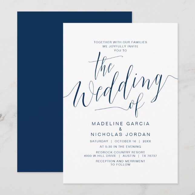 Wedding Calligraphy, Navy Blue, With Families Invitation (Front/Back)
