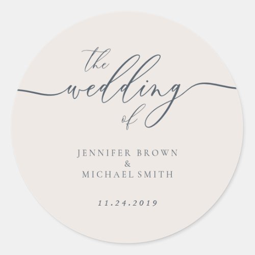 Wedding Calligraphy Simple Navy Beige Occasionally Classic Round Sticker