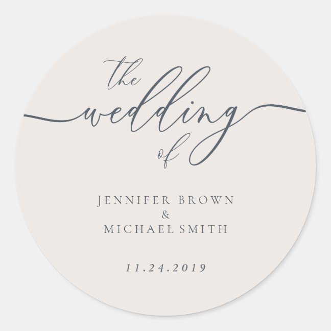 Wedding Calligraphy Simple Navy Beige Occasionally Classic Round Sticker