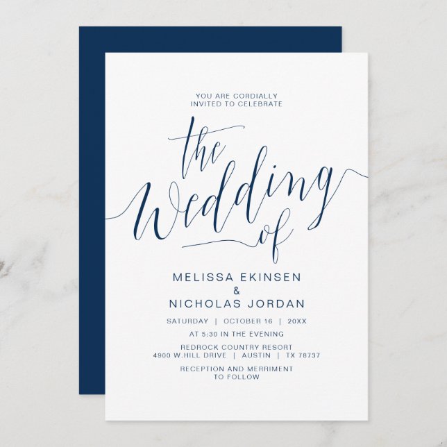 Wedding Calligraphy, Simple Navy Blue Casual Invitation (Front/Back)
