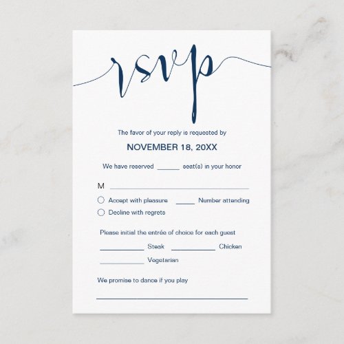 Wedding Calligraphy Simple Navy Blue Dinner RSVP Enclosure Card