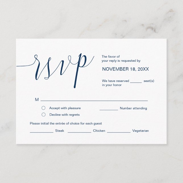 Wedding Calligraphy, Simple Navy Blue Script, RSVP Enclosure Card (Front)